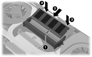 c. Pressione cuidadosamente o módulo de memória (3) aplicando força nas bordas direita e esquerda até que os clipes de retenção se encaixem no lugar. CUIDADO: danificá-lo.