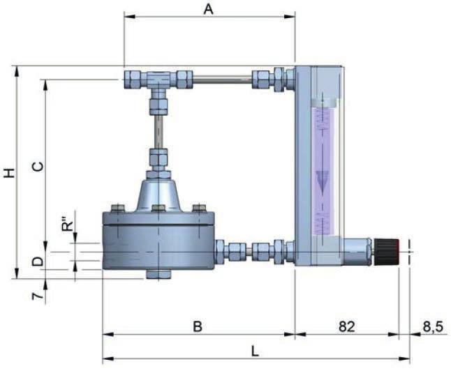 DESENHO TÉCNICO Medidor de vazăo com regulador de vazăo constante Regulador de vazăo SUMÁRIO DOS TIPOS Medidor de vazăo com regulador de fluxo constante Tipo Dimensões globais (mm) G A B C H L