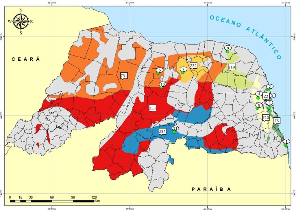 25 Tabuleiros Costeiros Vegetação de Tabuleiros Sobrepostas às secções das zonas, incluiu-se os dados faunísticos de espécies necrófagas já registradas no estado, destacando-se as zonas nas quais os