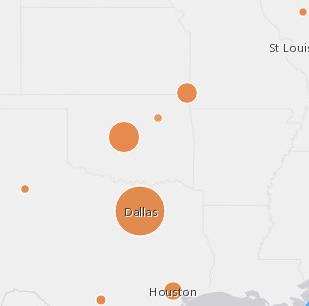 camada de mapa agregada, é aparente que a área de atendimento ao consumidor em Dallas têm as vendas mais altas. Um conjunto de dados dos seus resultados é adicionado em Meus Dados.