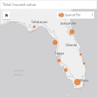 O mapa de símbolo proporcional acima é o resultado de uma agregação espacial entre as camadas InsurancePortfolio e FloridaStormSurge (mostradas no exemplo do mapa de localização acima).