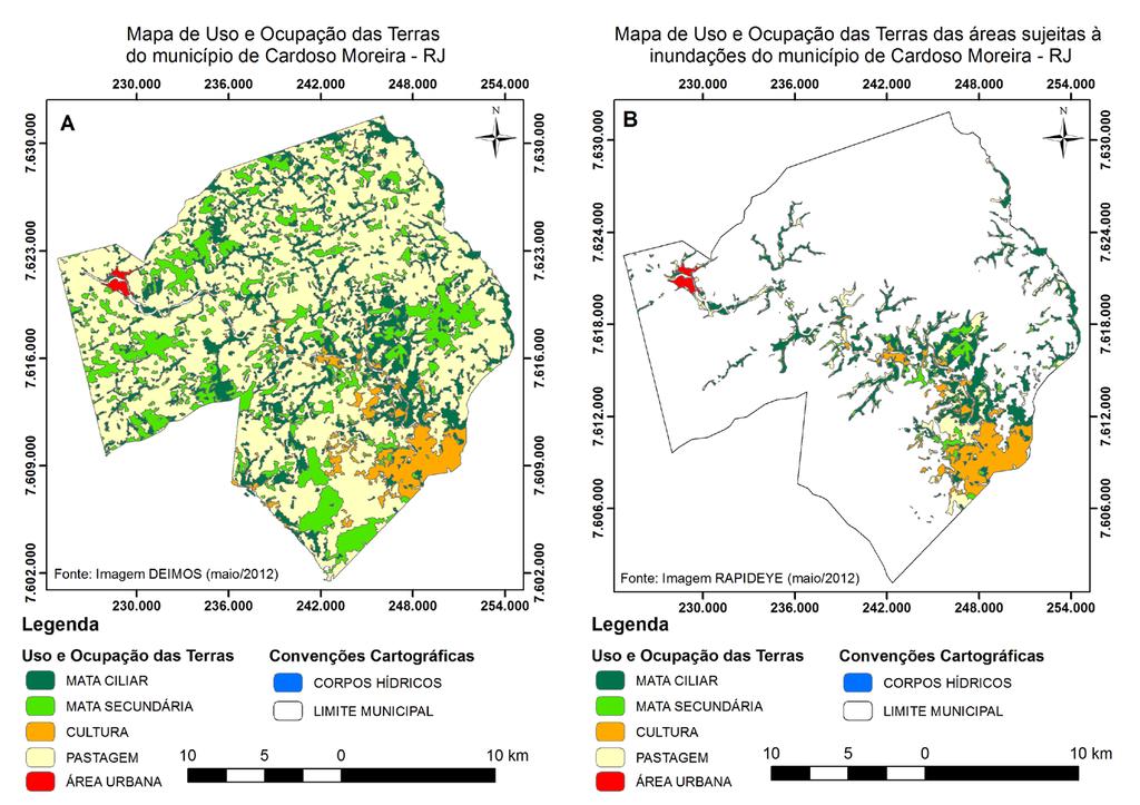 Já nas áreas sujeitas à inundação (Figura 01B e Figura 02B), conforme a Tabela 02, o municipio de Cardoso Moreira apresenta maior área inundável, cerca de 120 km², o que corresponde a 23% da área