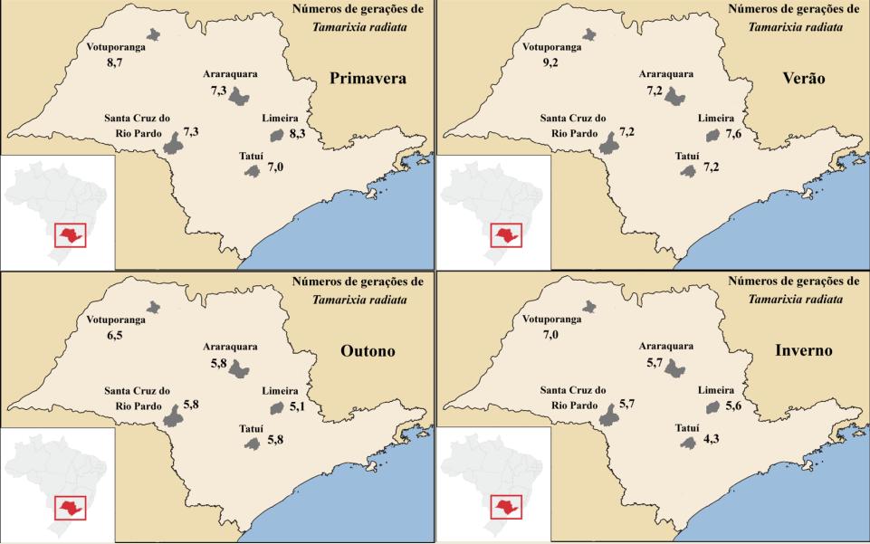 52 Figura 6 - Número de gerações (período ovo-adulto) de Tamarixia radiata nas quatro estações do ano simulando as condições de temperatura das cidades de Votuporanga, Araraquara, Santa Cruz do Rio