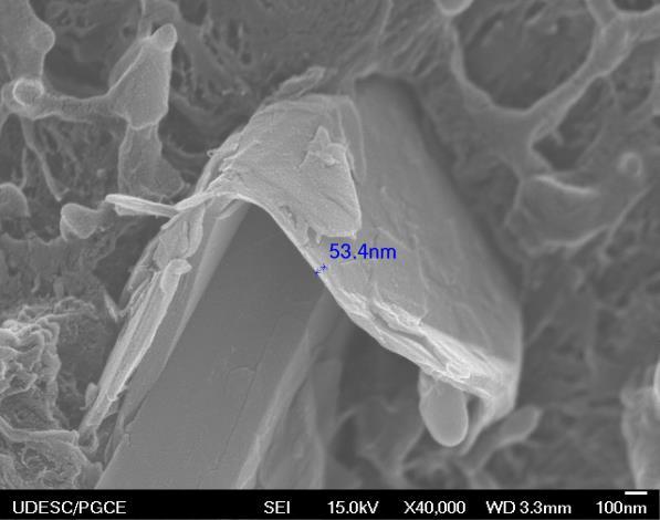 Figura 20 (a) Nanoplatelete de grafeno na matriz de PEAD dispersados por fusão (G10F) (b) Nanoplatelete de grafeno na