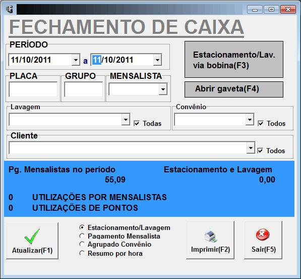 11. FECHAMENTO DE CAIXA : Mostra o valor recebido pelo período determinado pelo usuário, contendo ainda o número de mensalistas que utilizaram o estacionamento.