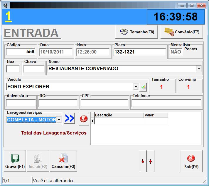 8. ENTRADA DE VEÍCULOS : Nesta tela será efetuado o controle de todo veículo que adentrar ao estabelecimento, o código, data e hora serão fornecidos pelo próprio sistema, independentemente da vontade