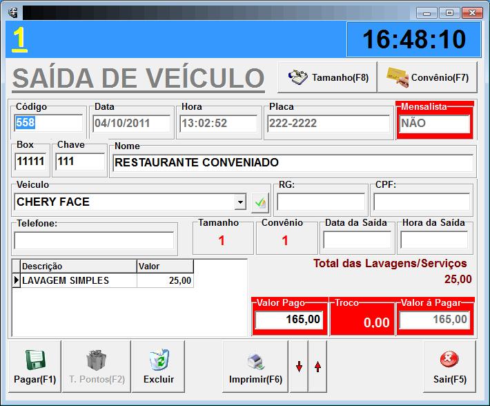 10. SAÍDA DE VEÍCULOS : Nesta tela será efetuado o controle de saída de veículos, a data e hora de saída serão fornecidos pelo próprio sistema, independentemente da vontade do usuário, para impedir