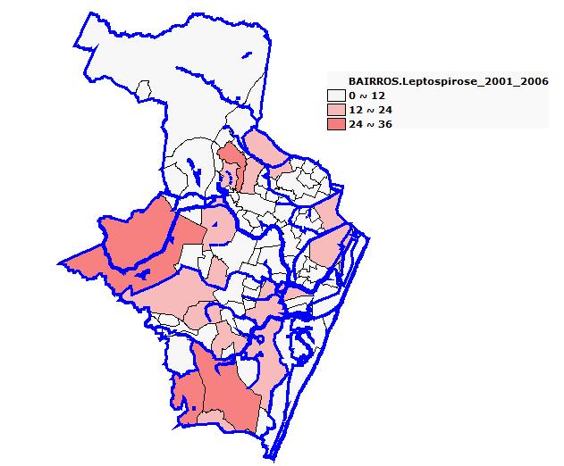 Figura 3 - Casos notificados de leptospirose, entre 2001 e 2006, nos bairros de Recife e os corpos hídricos presentes.