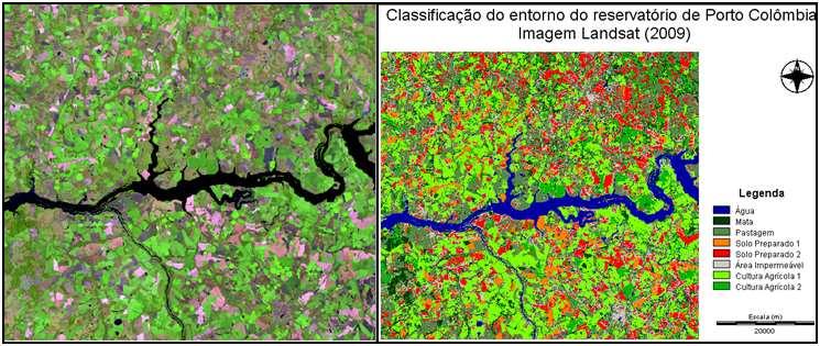 A Figura 2 mostra, lado a lado, uma composição colorida das bandas TM3, TM4 e TM5, associadas às cores azul, verde e vermelho, respectivamente, e a classificação obtida mediante a aplicação da