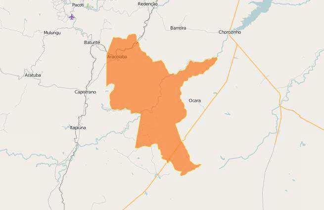 24 O município de Aracoiaba, conforme é apresentado na Figura 11, tem área territorial de 656,597 km ², população no ano de 2013 de 25.988 habitantes e estimativa de 26.