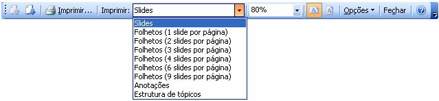 Em Imprimir Slides, você pode escolher quantos slides quer imprimir numa folha.