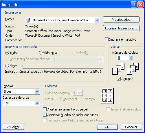 Imprimir Clique no menu Arquivo, Imprimir ou no botão Imprimir. A caixa abaixo será aberta: Clique em uma impressora na caixa Nome.