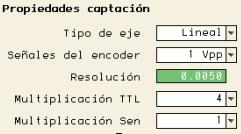 2.2-1Vpp: Se ativam os espaços MULTIPLICAÇÃO TTL e MULTIPLICAÇÃO SINUSOIDAL. * Multiplicação TTL. Opções: 0.5, 1, 2, 4. Valor de fábrica é x4 e é o que se utiliza para os transdutores lineares FAGOR.