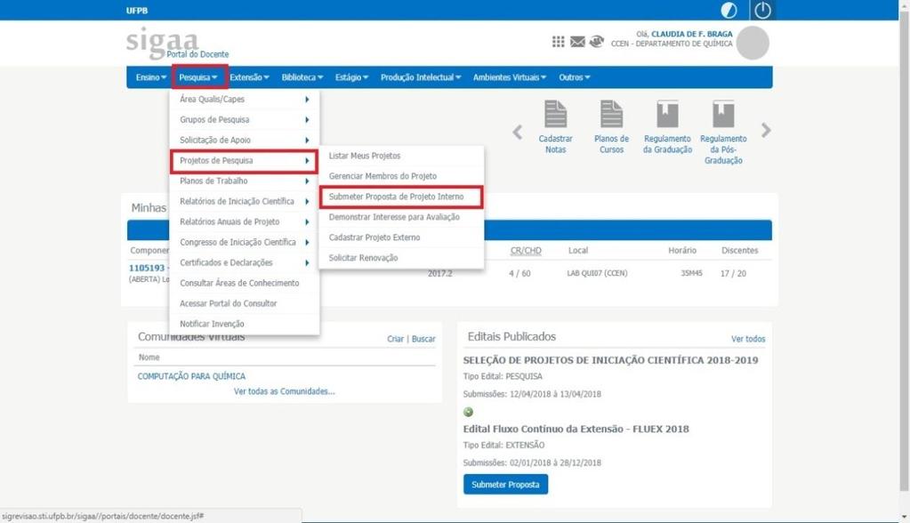 Submeter Projeto de Pesquisa Interno Projetos de Pesquisa Internos são projetos originados a partir de editais/chamadas públicas internas da UFPB Submeter Projeto Interno: Pesquisa Projetos de