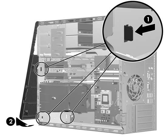 Retirar o painel frontal 1. Remova/solte quaisquer dispositivos de segurança que impeçam a abertura do computador. 2.