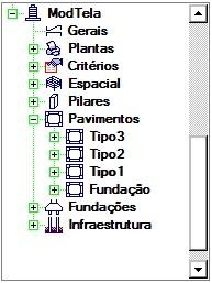 Neste painel estão representados todos os edifícios da árvore atual, e por edifício, as diversas pastas, incluindo a espacial, pilares, fundações e pavimentos.