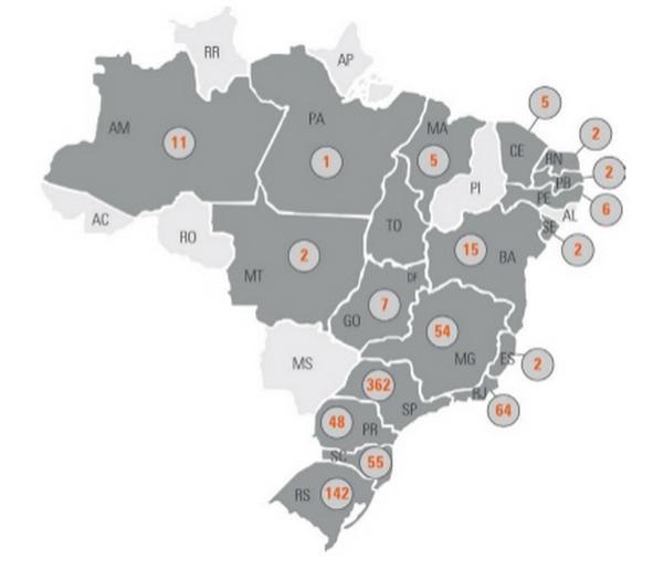 33 Figura 2 Concentração das empresas por estado Fonte: MCTI 2013 No ultimo relatório, com ano base de 2012, percebe-se que em oito estados brasileiros nenhuma empresa esteve habilitada aos