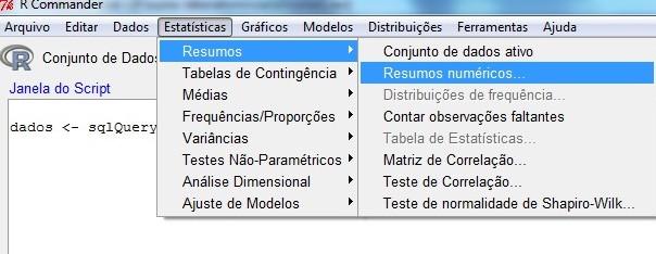 R COMMANDER Resumo estatístico O resumo estatístico apresenta as principais medidas de