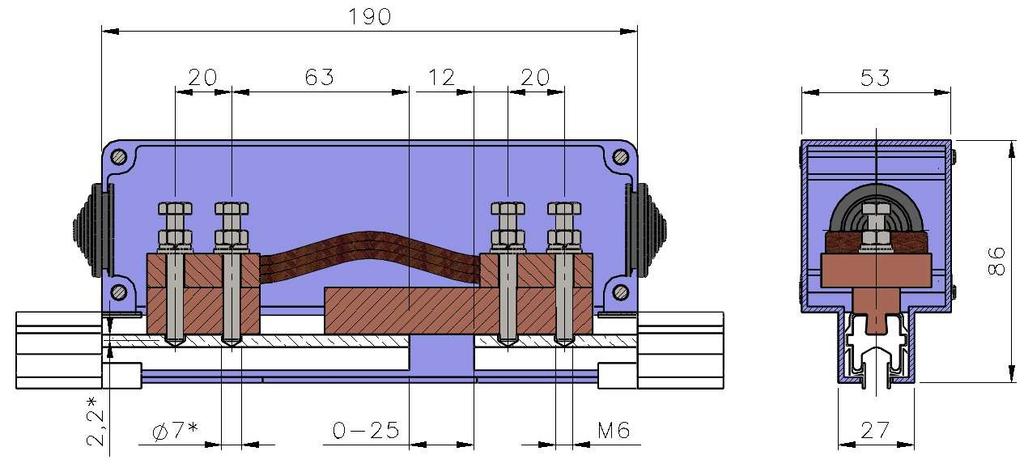 7.19 Junta de Dilatação 200mm² Aplicado para condutor maciço de cobre, com secção de 200mm². Utilizada para dilatação do barramento em trechos retos, não utilizar em curvas.