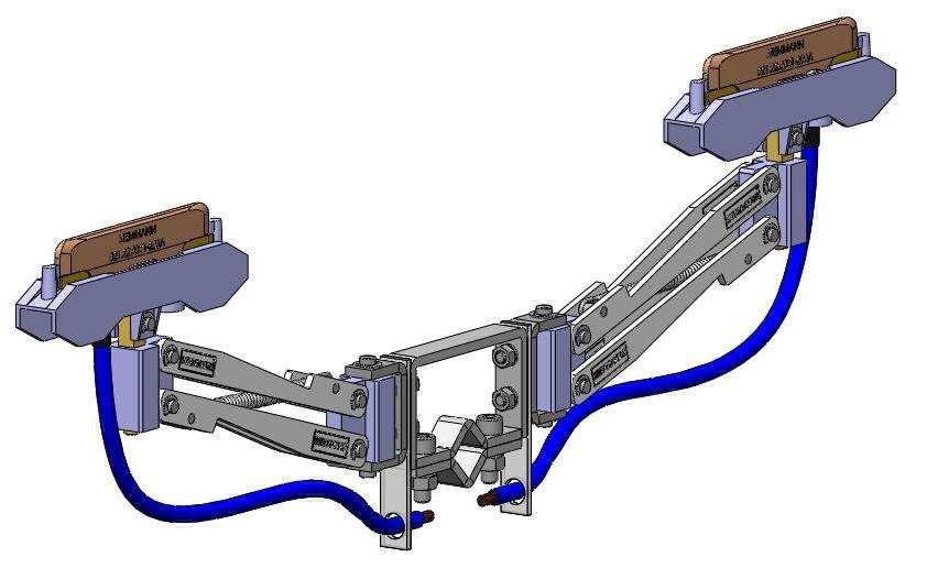 Na montagem é importante observar a distância entre o suporte de fixação do pantógrafo (linha de centro da base do pantógrafo) e o ponto de contato da escova com a pista de contato do condutor do