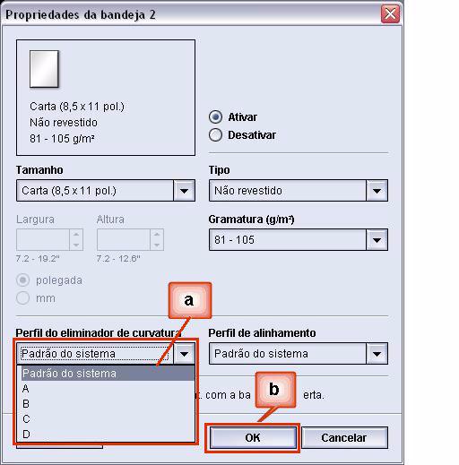 3. Selecione uma configuração Perfil de A a D do Eliminador de Curvatura. a. No menu Perfil do Eliminador de Curvatura, selecione uma configuração Perfil de A a D do Eliminador de Curvatura. b.