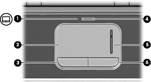 2 s s da parte superior TouchPad (1) Luz do TouchPad Branca: O TouchPad está ativado. Âmbar: O TouchPad está desativado. (2) TouchPad* Move o cursor e seleciona ou ativa itens na tela.