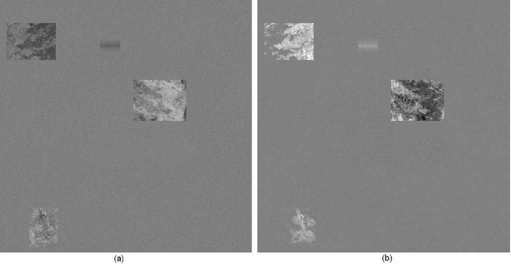 Figura 13 - Imagem de diferença produzida por subtração para o primeiro experimento no formato byte (0-255) para a fração de (a) vegetação e (b) solo.