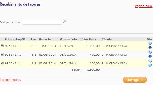 Faturas selecionadas Na coluna "Obs.