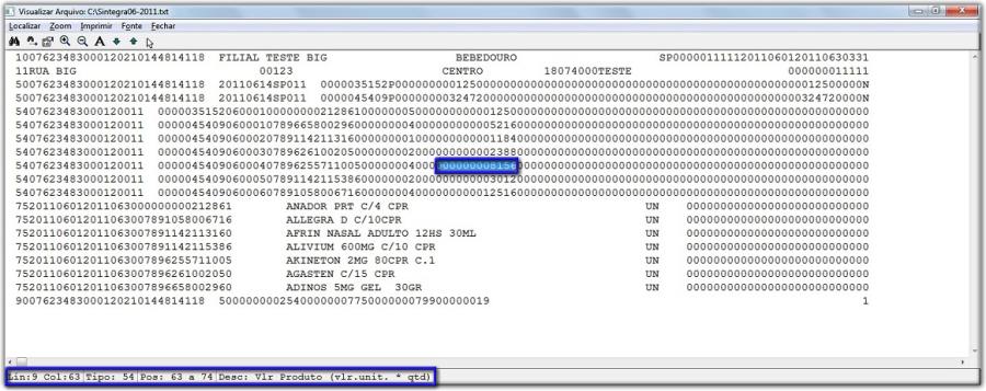 Figura 03 - Visualizar arquivo Conforme pode-se notar no destaque da Figura 03 o arquivo é separado por linhas e colunas e cada linha representa um tipo de registro que contém várias informações do
