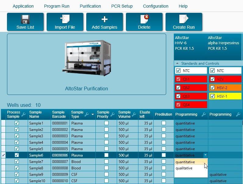 11. Atribua o ensaio kit a amostras específicas clicando na célula que está na linha da respetiva amostra e na coluna do kit AltoStar HHV-6 PCR Kit 1.5 (consulte a Figura 7). 12.