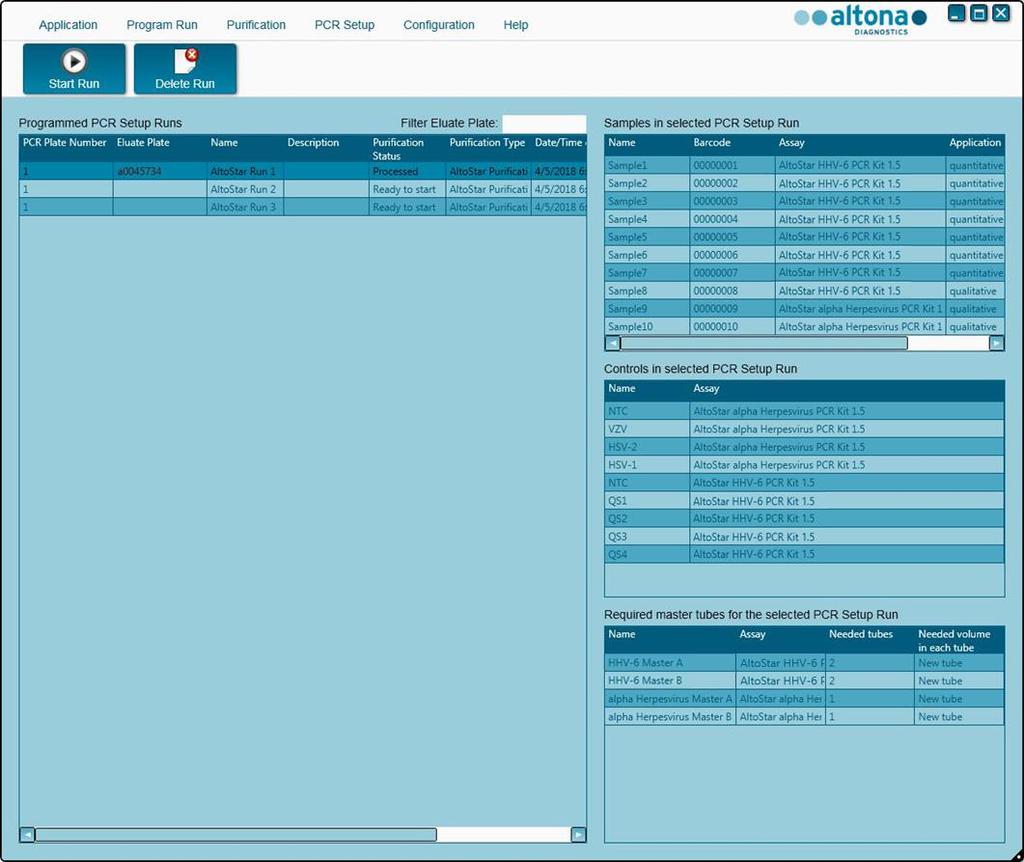 2. Selecione o Processamento de Configuração PCR a iniciar na tabela Programmed PCR Setup Runs (Processamentos de Configuração PCR Programados).