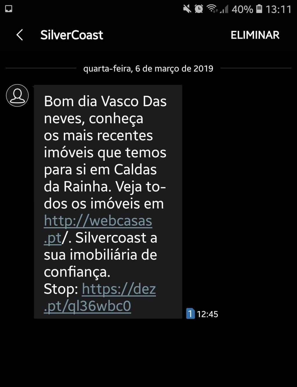 17. No final verá o SMS enviado que terá este aspeto:.