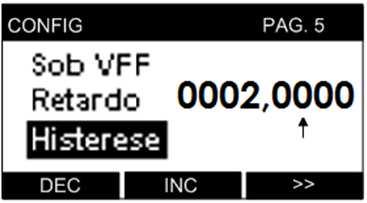 Após a programação das grandezas de interesse, estando o cursor < em um campo vazio ou no último do total de condições por alarme (12 ), finalize a programação pressionando >>.