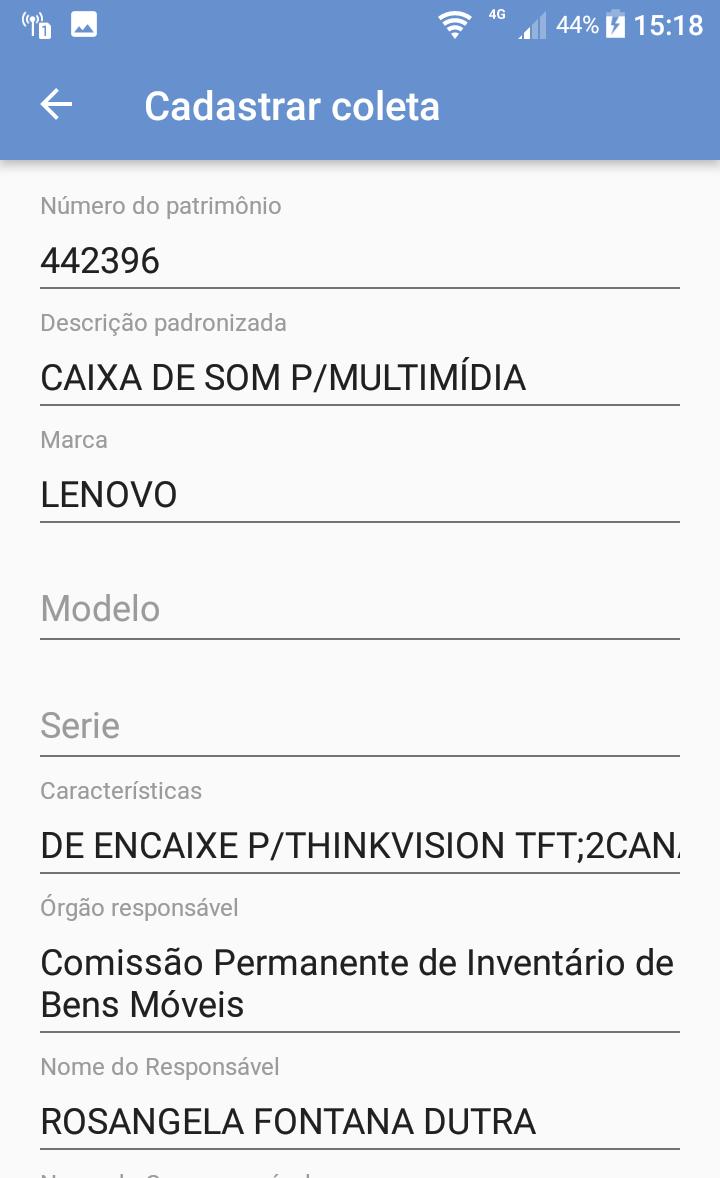 Após a leitura do número de patrimônio as informações do bem serão exibidas. CONFIRA e verifique se as informações estão corretas.