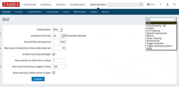 2019/04/25 10:36 1/10 1 Geral 1 Geral Visão geral O módulo Administração Geral contêm várias telas de configurações relacionadas à própria interface web e customização do Zabbix.