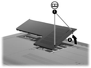 7. Solte os parafusos do compartimento de memória (1). Levante a tampa do compartimento do módulo de memória (2) para fora do computador. 8.