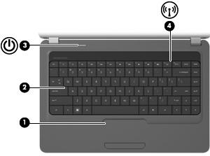 Luzes Componente Descrição (1) Luz do TouchPad Acesa: O TouchPad está desativado. Apagada: O TouchPad está ativado. (2) Luz de caps lock Acesa: A função caps lock está ativada.