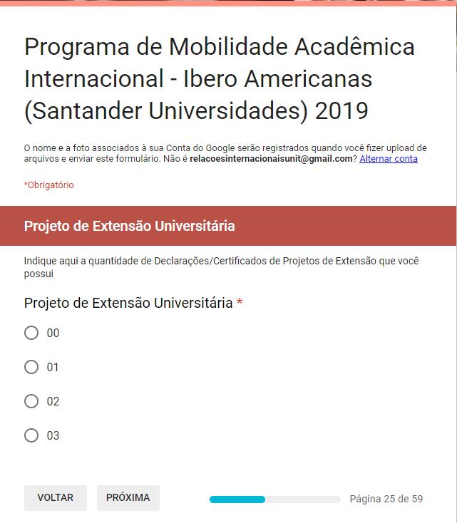 Assim, você será redirecionado para a próxima categoria que, nesse caso, é Projetos de Extensão.