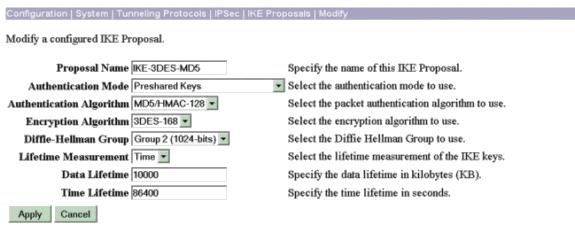 selecione a proposta IKE IKE-3DES-MD5 e verifique os parâmetros selecionados para a proposta. O clique aplica-se a fim configurar a sessão de LAN a LAN.