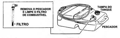 B. Limpando o filtro e tanque de combustível Os filtros de combustävel estço localizados dentro do tanque e no motor. 1 Filtro de combustível no tanque 9-3.