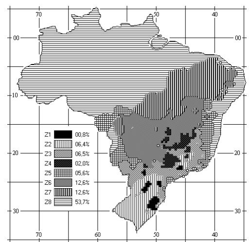 21 A ABNT NBR 15220-3 divide o território brasileiro em oito zonas de acordo com o clima predominante, e para cada uma destas zonas formulou-se um conjunto de recomendações técnico-construtivas que