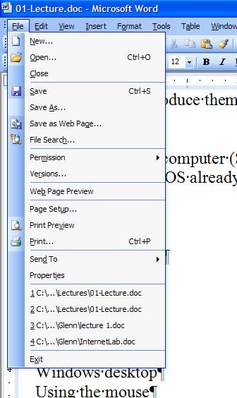 Menus Clicking on a menu item, File for