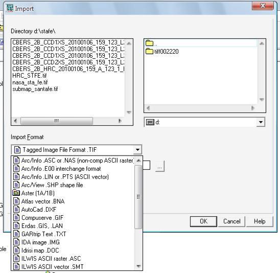 ILWIS (Integrated Land and Water Information System) 12 Figura 10. Janela import e os formatos disponíveis. Clique com o mouse nesta aba para acessar outros formatos.