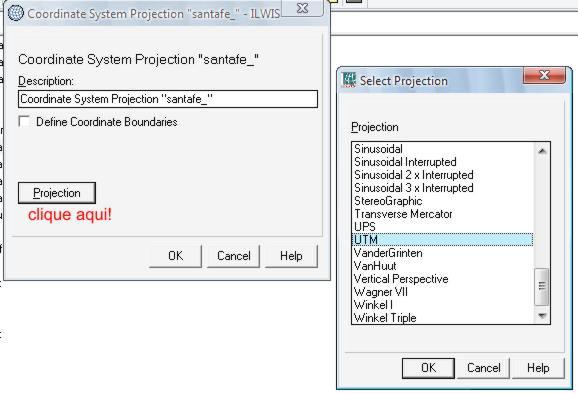 ILWIS (Integrated Land and Water Information System) 14 Selecionado a opção Projection aparecerão várias projeções cartográficas e a utilizada para o nosso trabalho será a Projeção UTM, conforme a