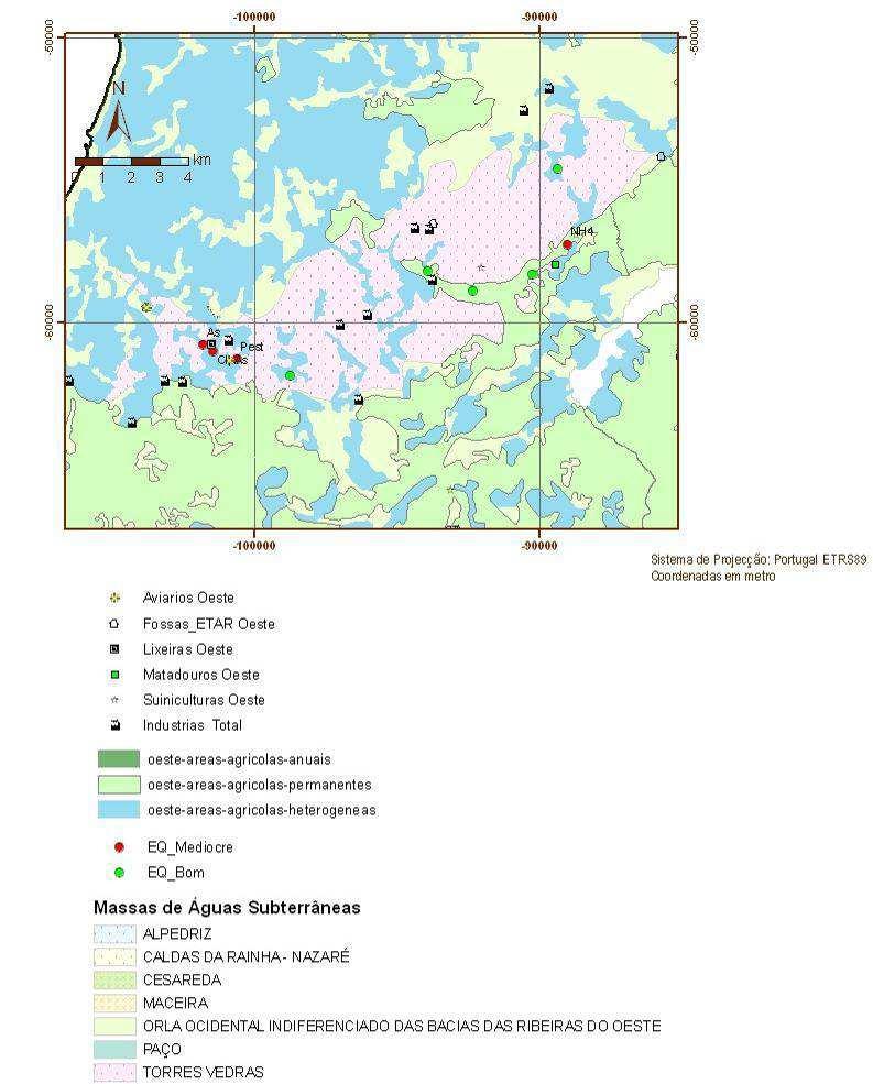 Figura 6-3 Pressões e estado químico associados à massa de águas subterrâneas de Torres Vedras O Quadro 6-8 apresenta os resultados do teste de diminuição da qualidade química ou ecológica das massas