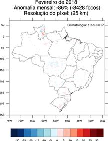 2: fevereiro/2018 Anomalia de detecções registradas em fevereiro/2018 Houve redução de mais de 60% na quantidade de queimadas em alguns estados brasileiros, como no Espírito Santo, no Piauí e em