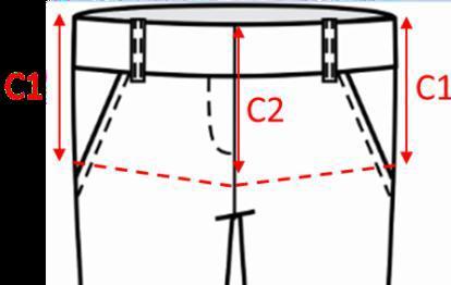 C. ½ QUADRIL Partindo dos pontos de orientação definidos nas medidas da altura do quadril (C1 e C2). Tomar a medida de uma extremidade à outra, formando um leve V.