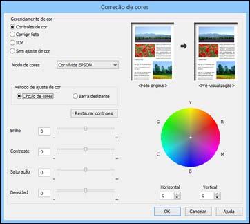 Controles de cor Permite que selecione um Modo de cores, configurações individuais para Brilho, Contraste, Saturação e Densidad, e tons de cor individuais.
