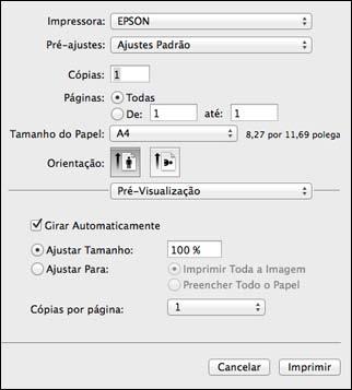 Observação: A janela de impressão pode ser diferente, dependendo da versão do OS X e do aplicativo usado. 5. Selecione as configurações de Cópias e Páginas, conforme necessário.