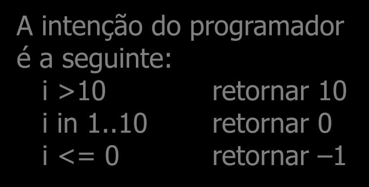 Exemplo de casos de teste associação desejada public int map( int i ) if( i > 0 ) } if( i > 10 ) return 10; else return 1; return 0; Não! Não irá expor o programa ao exercício do código com faltas.